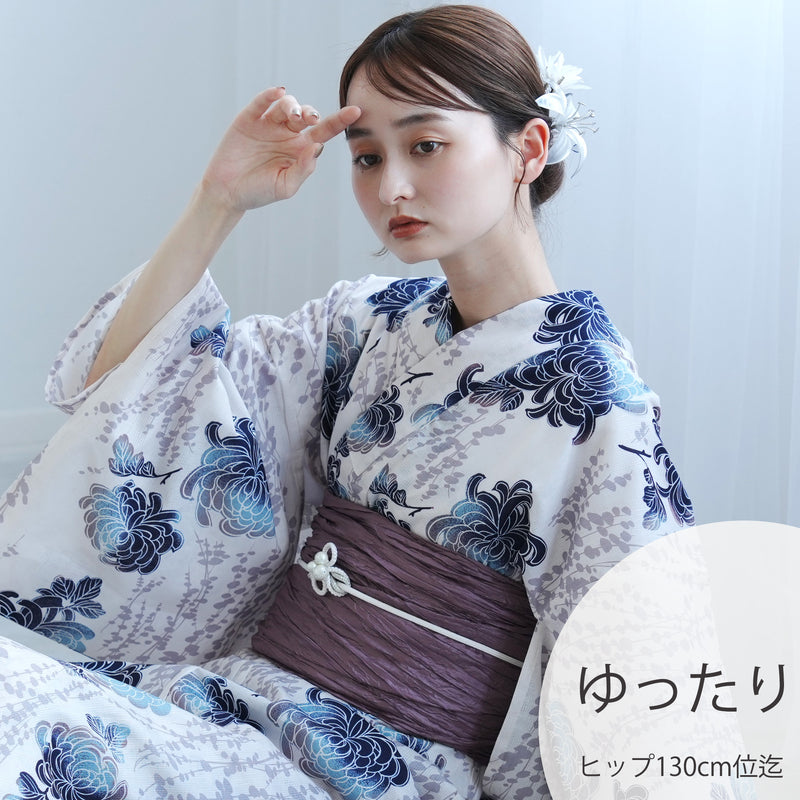 【utatane 高級変わり織 浴衣3点セット ( ゆかた・帯・下駄 ) うたかたの紺ぼかし乱菊】 3Lサイズ（ヒップ約130cm位まで対応） 国産生地 国内染色　昭和初期アンティーク復刻版（5013272711）