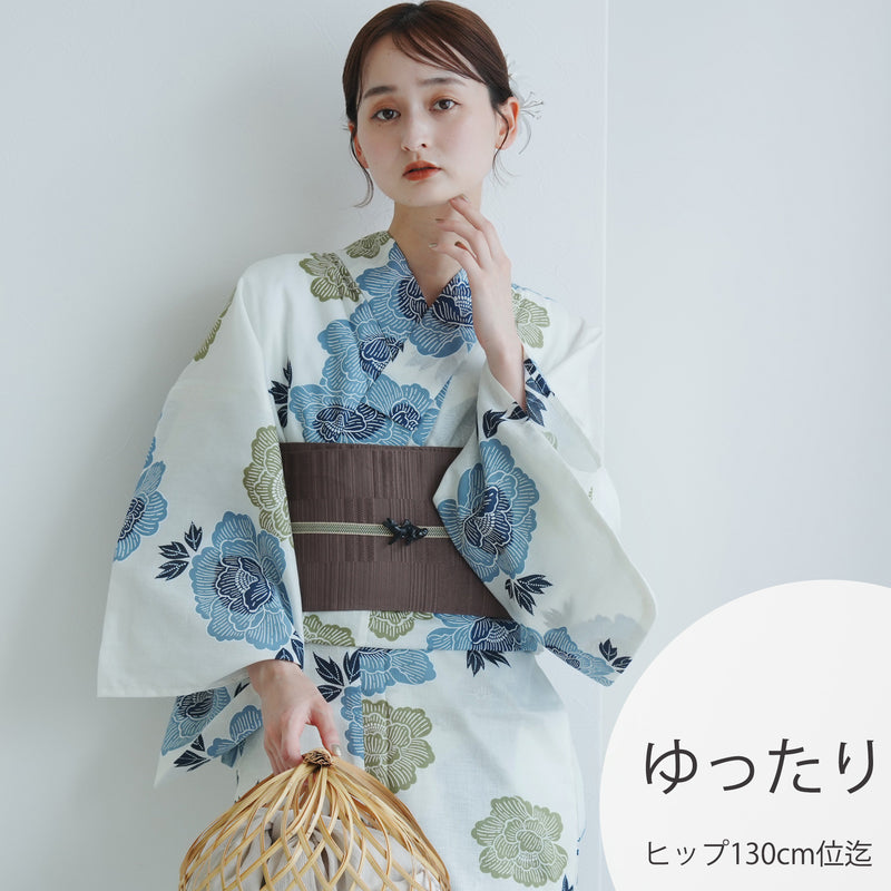 【utatane 高級変わり織 浴衣3点セット ( ゆかた・帯・下駄 ) 水色と青磁色の牡丹】3Lサイズ（ヒップ約130cm位まで対応） 国産生地 国内染色　昭和初期アンティーク復刻版（5013273511）