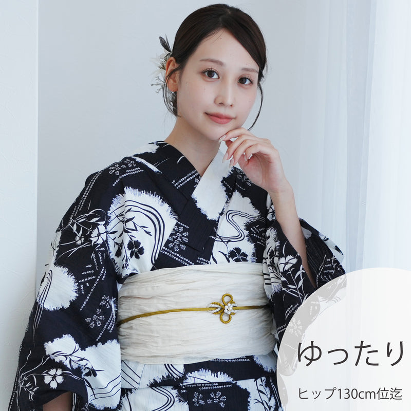 【utatane 高級変わり織 浴衣3点セット ( ゆかた・帯・下駄 ) 濃紺に撫子瓢箪】 3Lサイズ（ヒップ約130cm位まで対応） 国産生地 国内染色　昭和初期アンティーク復刻版（5013276411）