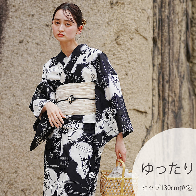 【utatane 高級変わり織 浴衣3点セット ( ゆかた・帯・下駄 ) 濃紺に撫子瓢箪】 3Lサイズ（ヒップ約130cm位まで対応） 国産生地 国内染色　昭和初期アンティーク復刻版（5013276411）