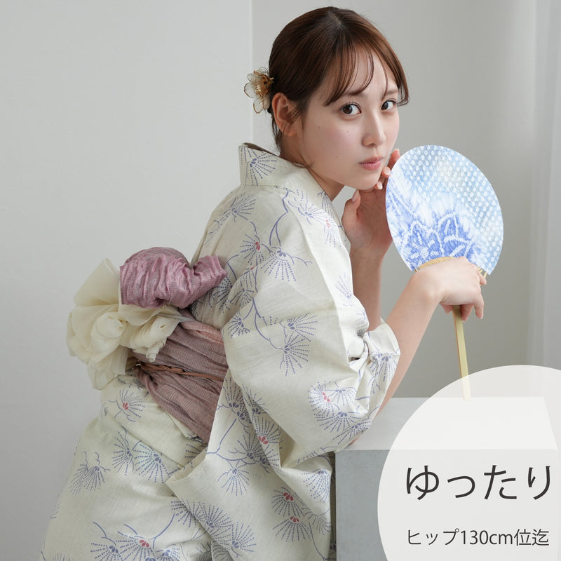 【utatane 高級変わり織 浴衣3点セット ( ゆかた・帯・下駄 ) クリームに涼しげな松花火】3Lサイズ（ヒップ約130cm位まで対応） 国産生地 国内染色　昭和初期アンティーク復刻版（5013276511）