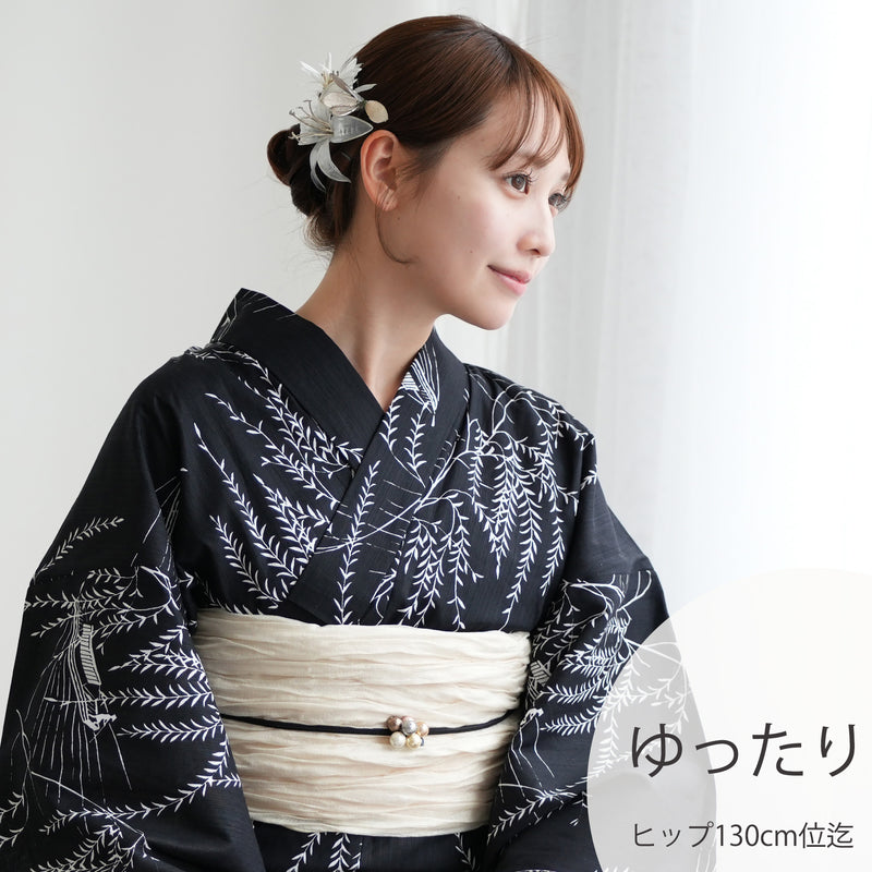 【utatane 高級変わり織 浴衣3点セット ( ゆかた・帯・下駄 ) 濃紺地にしだれ柳と小舟】 3Lサイズ（ヒップ約130cm位まで対応） 国産生地 国内染色　昭和初期アンティーク復刻版（5013276611）