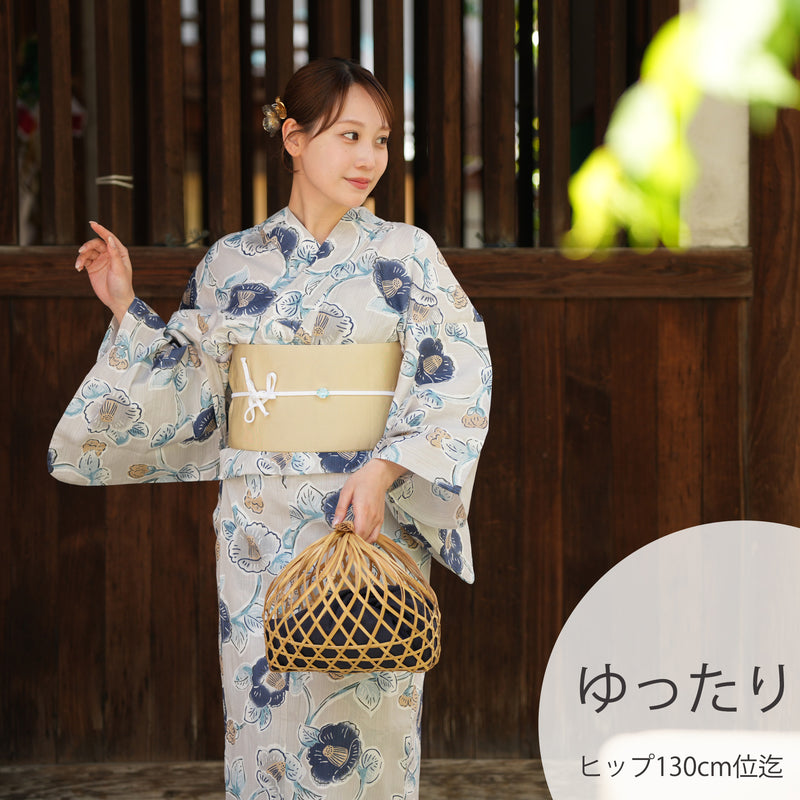 【utatane 高級変わり織 浴衣3点セット ( ゆかた・帯・下駄 ) 薄グレーに椿唐草】3Lサイズ（ヒップ約130cm位まで対応）国産生地 国内染色　個性派きもの（5013277811）