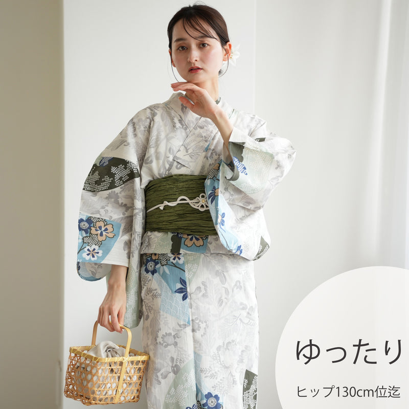 【utatane 高級変わり織 浴衣3点セット ( ゆかた・帯・下駄 )  ラムネ色の扇面と儚い花】3Lサイズ（ヒップ約130cm位まで対応） 国産生地 国内染色　昭和初期アンティーク復刻版（5013278011）