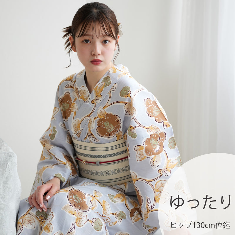 【utatane 高級変わり織 浴衣3点セット ( ゆかた・帯・下駄 )ブルーグレーに椿唐草】3Lサイズ（ヒップ約130cm位まで対応） 国産生地 国内染色　昭和初期アンティーク復刻版（5013278211）