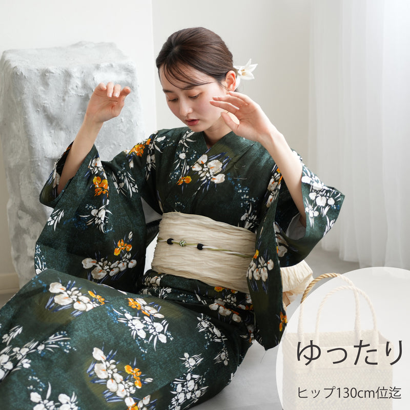 【utatane 高級変わり織 浴衣3点セット ( ゆかた・帯・下駄 )  錆緑に照る菖蒲】3Lサイズ（ヒップ約130cm位まで対応） 国産生地 国内染色　昭和初期アンティーク復刻版（5013278611）