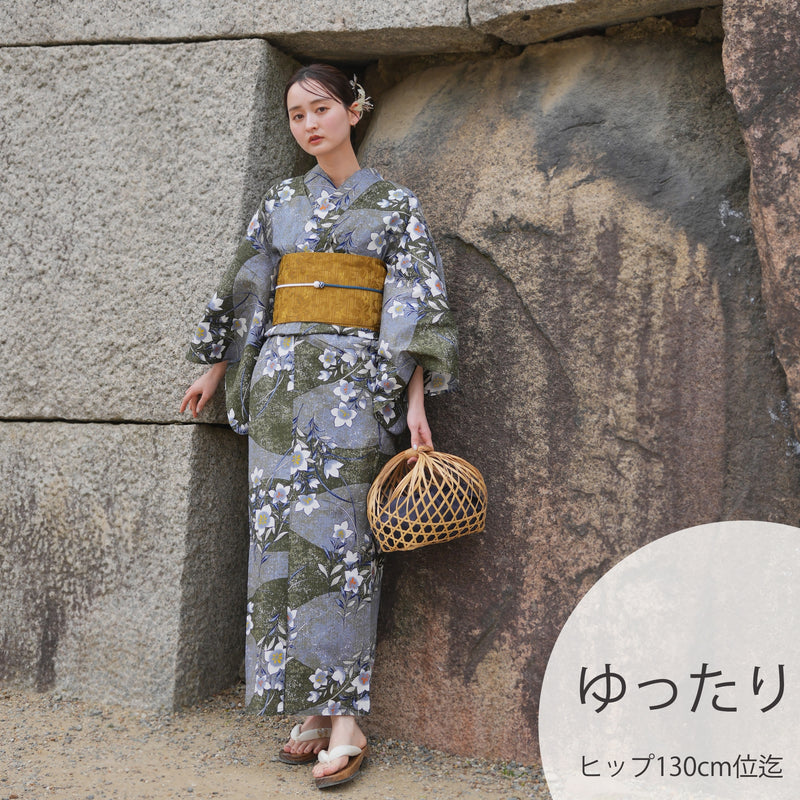 【utatane 高級変わり織 浴衣3点セット ( ゆかた・帯・下駄 )  深緑と薄青の砂よろけに桔梗】 3Lサイズ（ヒップ約130cm位まで対応）国産生地 国内染色　昭和初期アンティーク復刻版（5013278711）