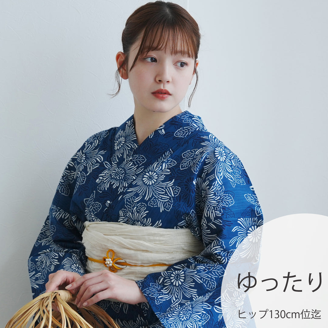 新品未使用【浴衣3点セット】utatane 浴衣・帯・下駄セット 藍色に古典乱菊 utatane 高級変わり織 浴衣3点セット ( ゆかた・帯・下駄 ) 藍色