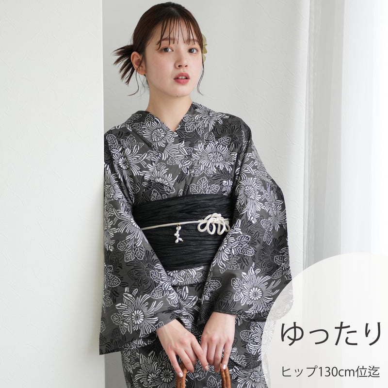 【utatane 高級変わり織 浴衣3点セット ( ゆかた・帯・下駄 ) グレーに重なる古典菊】3Lサイズ（ヒップ約130cm位まで対応） 国産生地 国内染色　昭和初期アンティーク復刻版（5013279211）