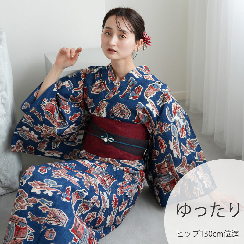 【ニコアンティーク 高級変わり織 浴衣3点セット ( ゆかた・帯・下駄 ) 南蛮渡来　ネイビー】3Lサイズ（ヒップ約130cm位まで対応） 国産生地 国内染色　個性派きもの（5013280211）