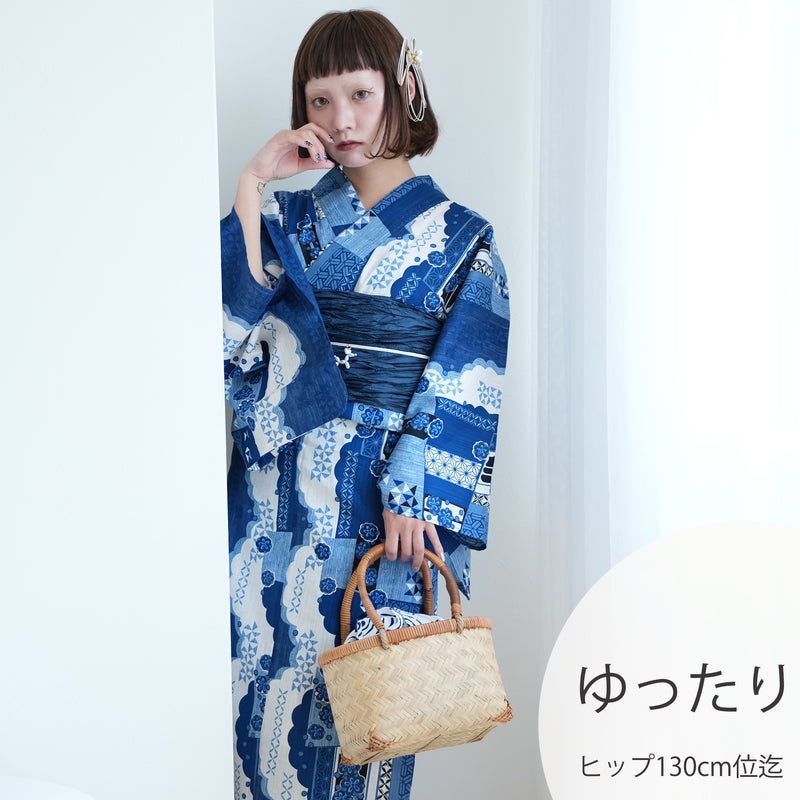 【ニコアンティーク 高級変わり織 浴衣3点セット ( ゆかた・帯・下駄 ) スカラップ雲取 ブルー】3Lサイズ（ヒップ約130cm位まで対応） 国産生地 国内染色　個性派きもの（5013280311）