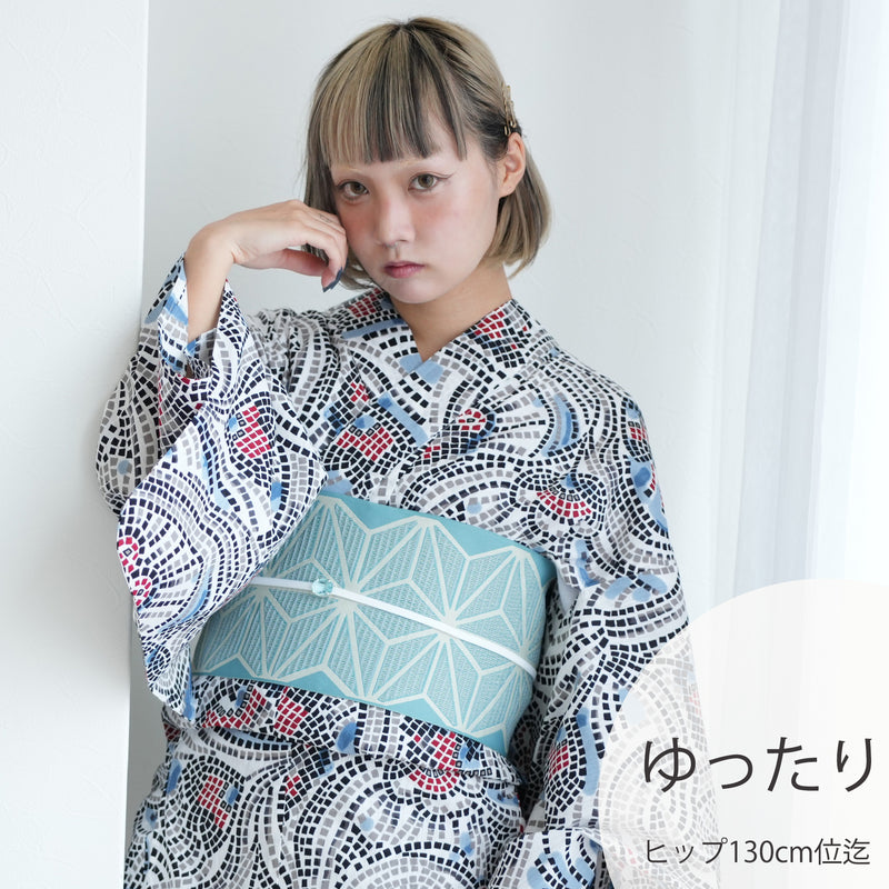 【ニコアンティーク 高級変わり織 浴衣3点セット ( ゆかた・帯・下駄 ) チューリップモザイク ブルー】 3Lサイズ（ヒップ約130cm位まで） 国産生地 国内染色　個性派きもの（5013280511）
