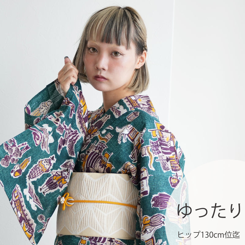 【ニコアンティーク 高級変わり織 浴衣3点セット ( ゆかた・帯・下駄 ) 南蛮渡来　ピーコック】3Lサイズ（ヒップ約130cm位まで対応） 国産生地 国内染色　個性派きもの（5013280611）