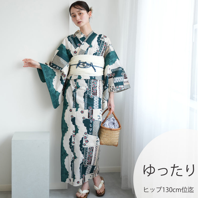 【ニコアンティーク 高級変わり織 浴衣3点セット ( ゆかた・帯・下駄 ) スカラップ雲取　ピーコック】 3Lサイズ（ヒップ約130cm位まで対応） 国産生地 国内染色　個性派きもの（5013280711）