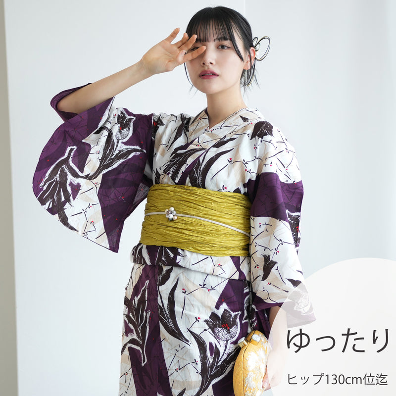 【ニコアンティーク 高級変わり織 浴衣3点セット ( ゆかた・帯・下駄 ) オールドチューリップ　パープル】 3Lサイズ（ヒップ約130cm位まで） 国産生地 国内染色　個性派きもの（5013280811）