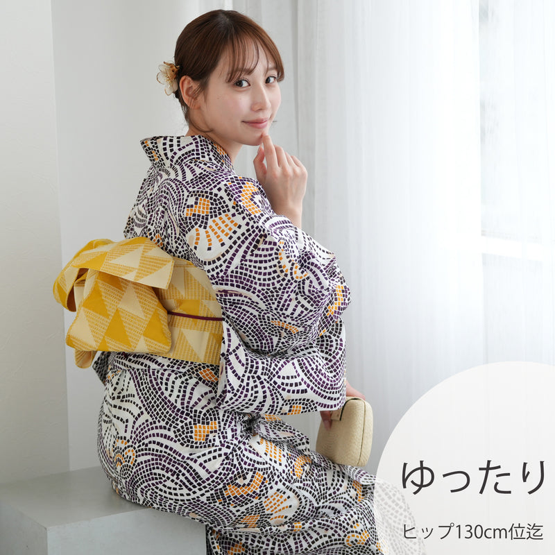【ニコアンティーク 高級変わり織 浴衣3点セット ( ゆかた・帯・下駄 ) チューリップモザイク マスタード】 3Lサイズ（ヒップ約130cm位まで）国産生地 国内染色　個性派きもの（5013280911）