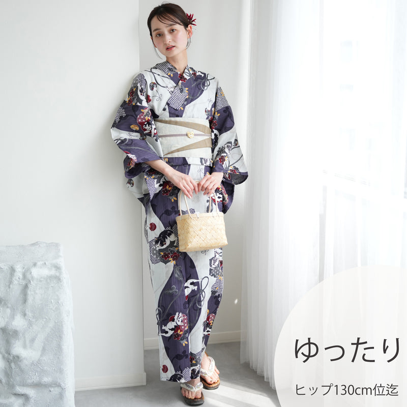 【ニコアンティーク 高級変わり織 浴衣3点セット ( ゆかた・帯・下駄 ) 染め分け灰紫に大正浪漫ねこ】 3Lサイズ（ヒップ約130cm位まで対応） 国産生地 国内染色　個性派きもの（5013281411）