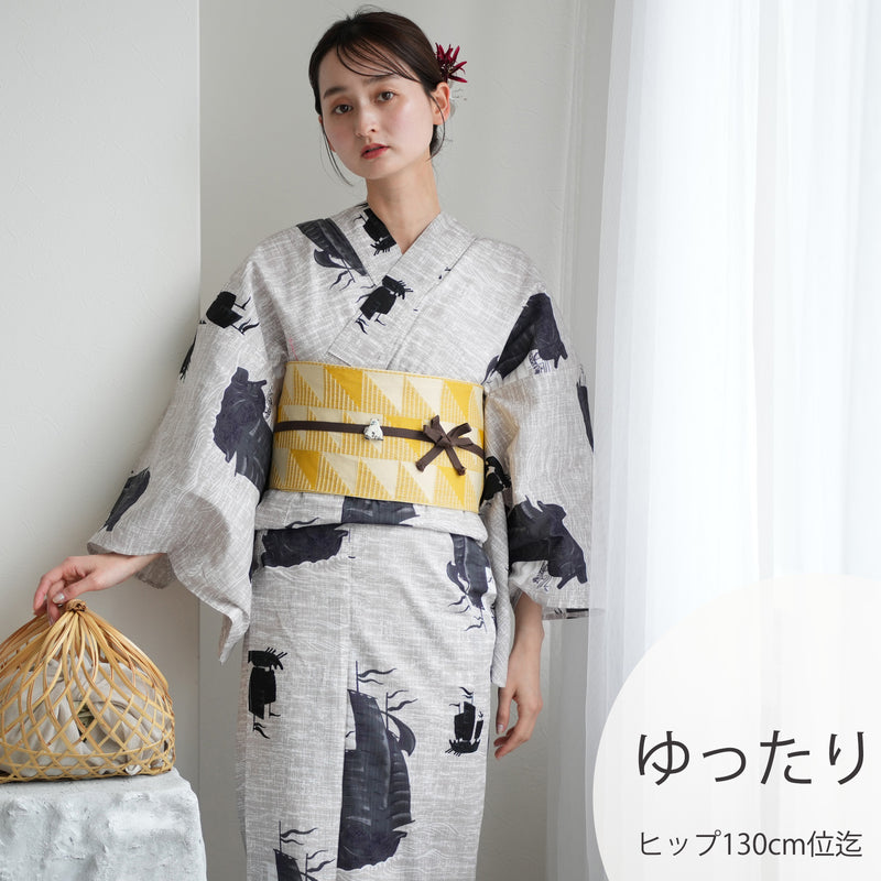 【ニコアンティーク 高級変わり織 浴衣3点セット ( ゆかた・帯・下駄 ) 黒い帆船】3Lサイズ（ヒップ約130cm位まで対応）国産生地 国内染色　個性派きもの（5013281511）