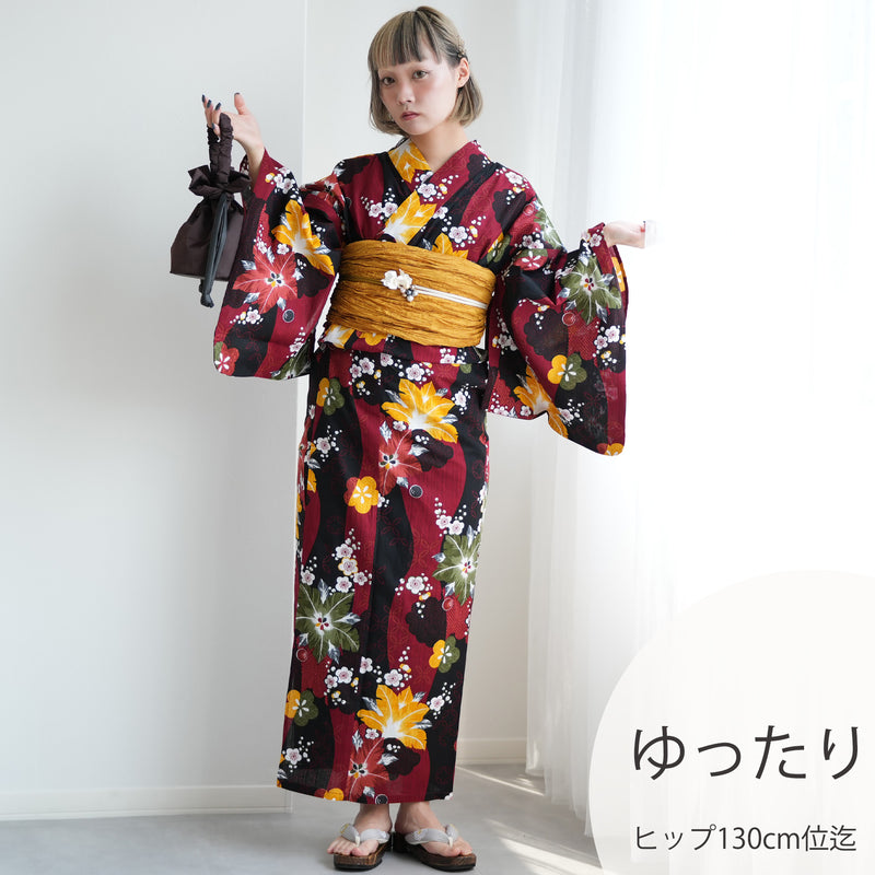 【ニコアンティーク 高級変わり織 浴衣3点セット ( ゆかた・帯・下駄 ) 赤と黒の立沸とレトロ花】 3Lサイズ（ヒップ約130cm位まで対応） 国産生地 国内染色　個性派きもの（5013281811）
