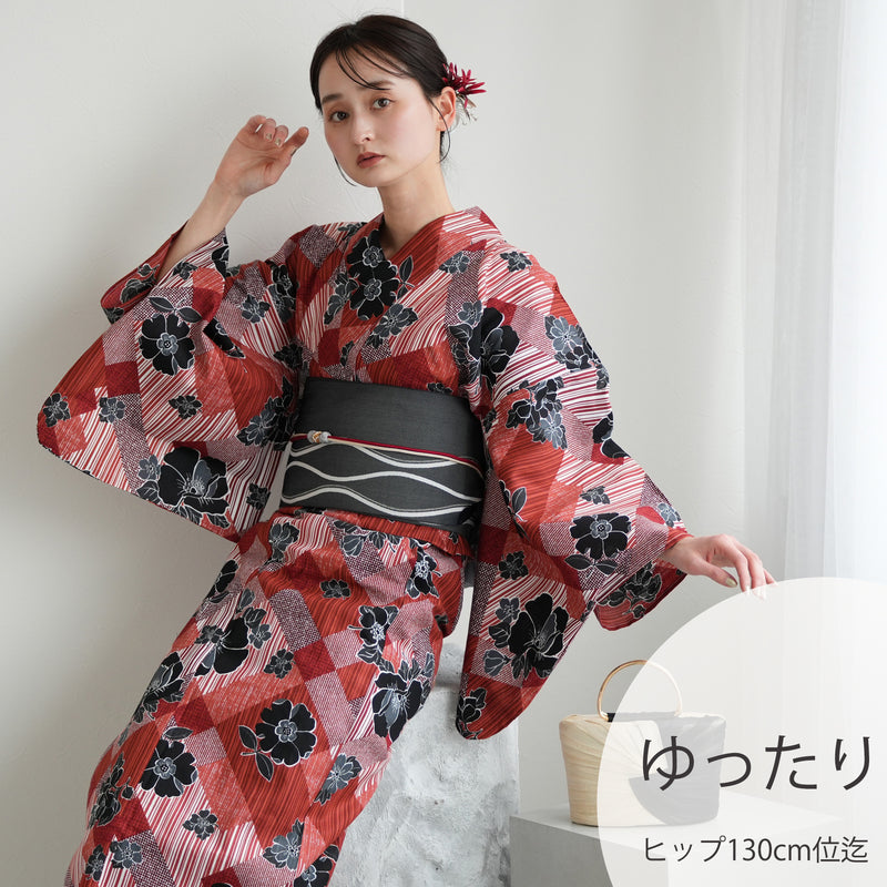 【ニコアンティーク 高級変わり織 浴衣3点セット ( ゆかた・帯・下駄 ) 芙蓉エフェクト レッド】3Lサイズ（ヒップ約130cm位まで対応） 国産生地 国内染色　個性派きもの（5013282111）