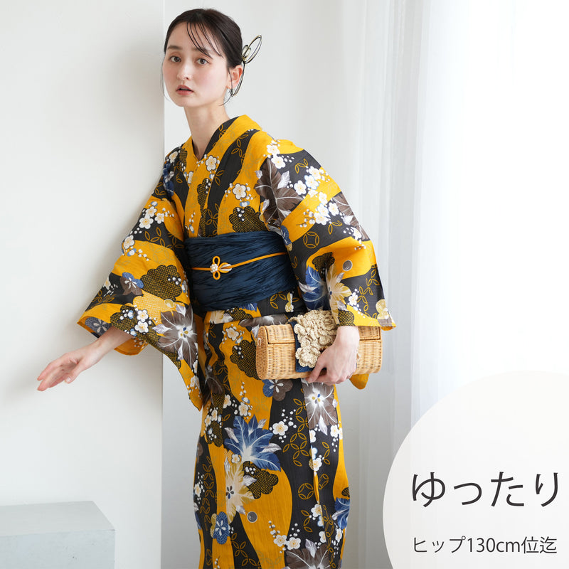 【ニコアンティーク 高級変わり織 浴衣3点セット ( ゆかた・帯・下駄 ) 黄色と墨色の立沸とレトロ花】 3Lサイズ（ヒップ約130cm位まで対応） 国産生地 国内染色　個性派きもの（5013282211）
