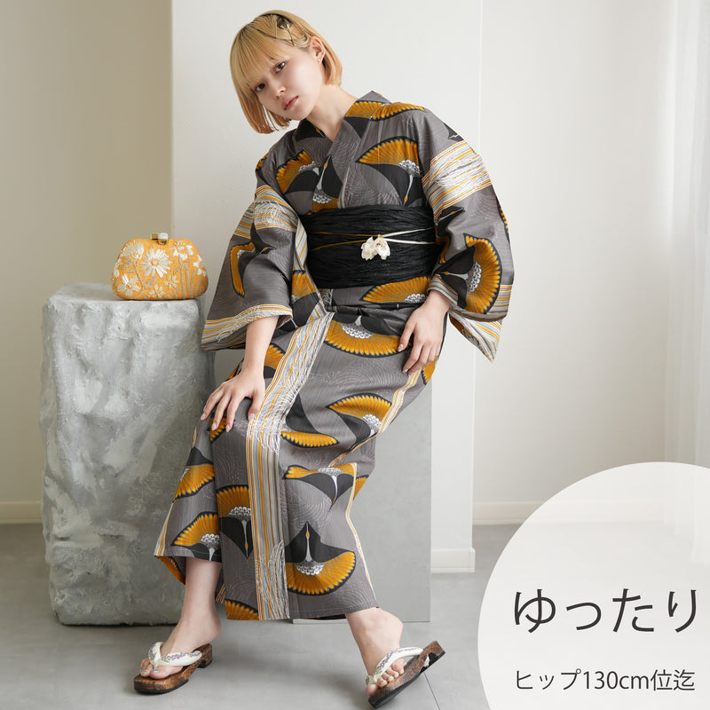 【ニコアンティーク 高級変わり織 浴衣3点セット ( ゆかた・帯・下駄 ) 墨色と黄色の鶴ストライプ】 3Lサイズ（ヒップ約130cm位まで対応） 国産生地 国内染色　個性派きもの（5013282311）