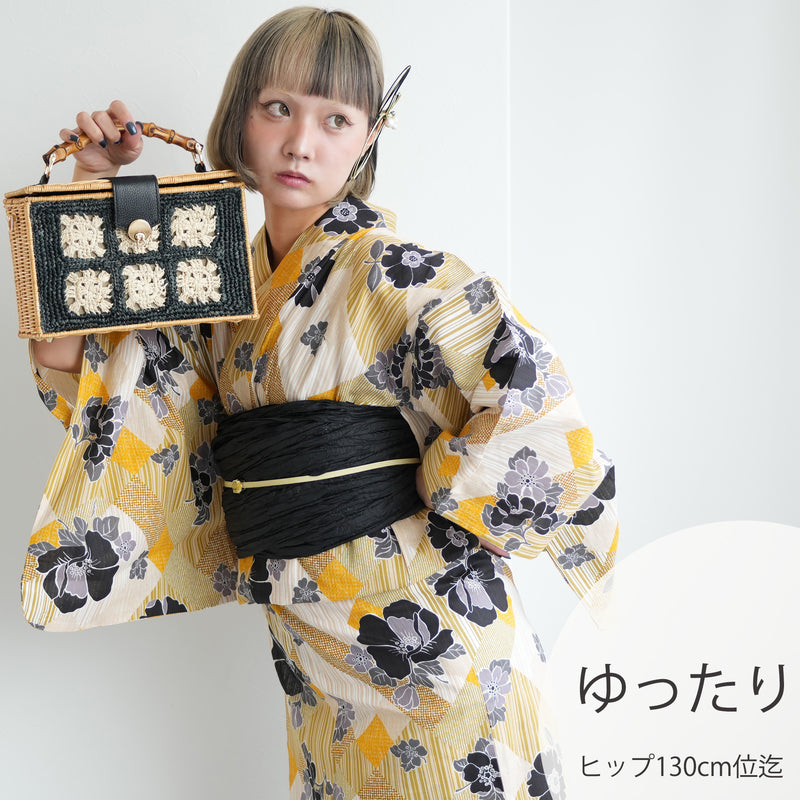 【ニコアンティーク 高級変わり織 浴衣3点セット ( ゆかた・帯・下駄 ) 芙蓉エフェクト イエロー】 3Lサイズ（ヒップ約130cm位まで対応） 国産生地 国内染色　個性派きもの（5013282511）