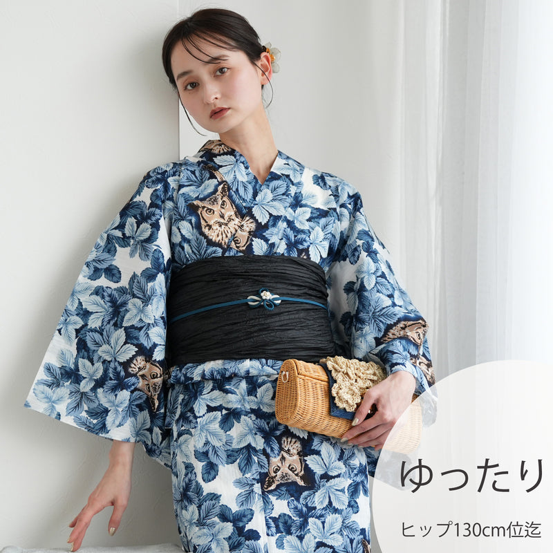 【ニコアンティーク 高級変わり織 浴衣3点セット ( ゆかた・帯・下駄 ) 梟の森　宵】 3Lサイズ（ヒップ約130cm位まで対応） 国産生地 国内染色　個性派きもの（5013282611）