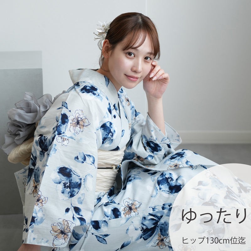 【ニコアンティーク 高級変わり織 浴衣3点セット ( ゆかた・帯・下駄 ) フロスティブルーとスモーキークオーツの花】 3Lサイズ（ヒップ約130cm位）国産生地 国内染色　個性派きもの（5013282711）