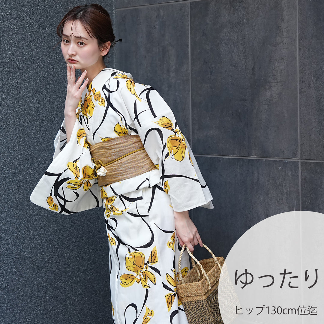 utatane 高級変わり織 浴衣3点セット（浴衣・帯・下駄）白地にモダンな