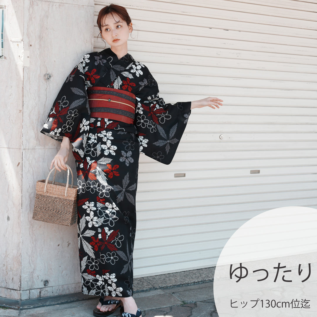 utatane 高級変わり織 浴衣3点セット（浴衣・帯・下駄）黒地に赤の片