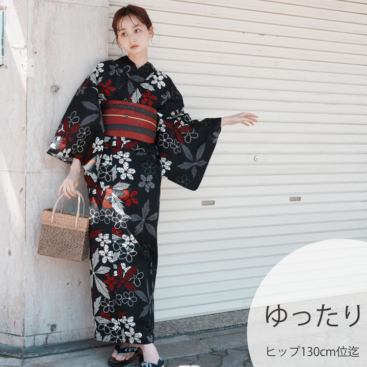 utatane 高級変わり織 浴衣3点セット（浴衣・帯・下駄）黒地に赤の片