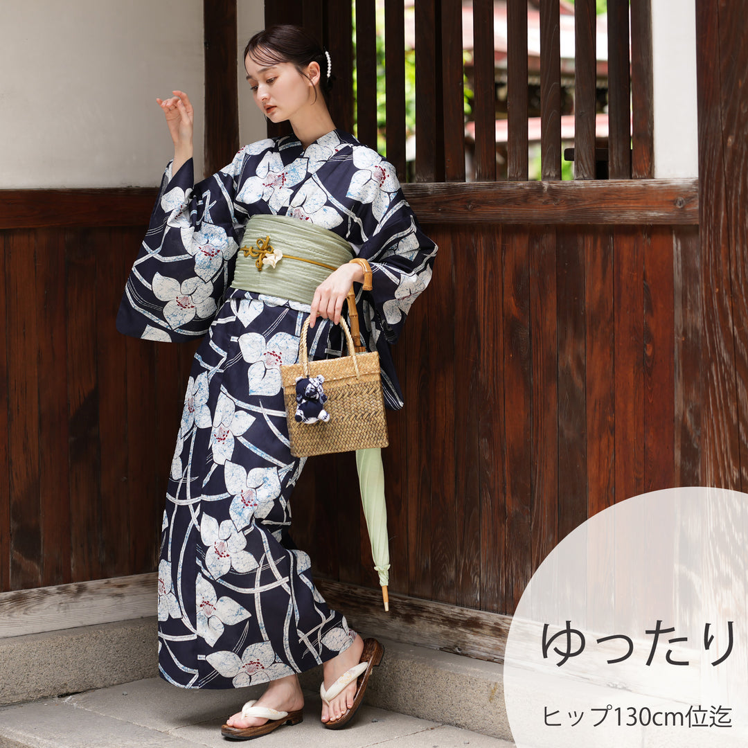 utatane 高級変わり織 浴衣3点セット（浴衣・帯・下駄）紺地にろうけつ