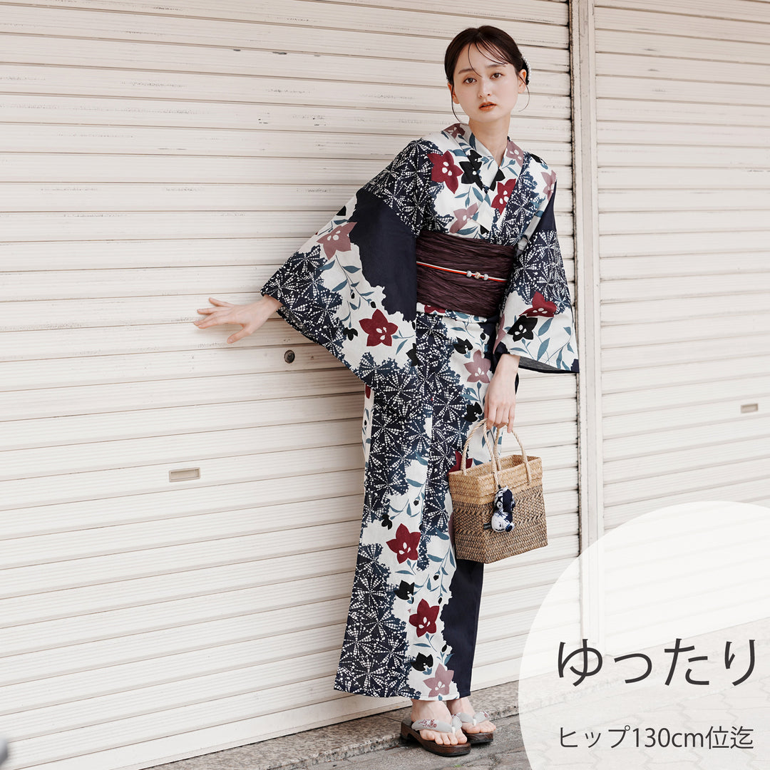 utatane 高級変わり織 浴衣3点セット（浴衣・帯・下駄）紺に疋田と桔梗