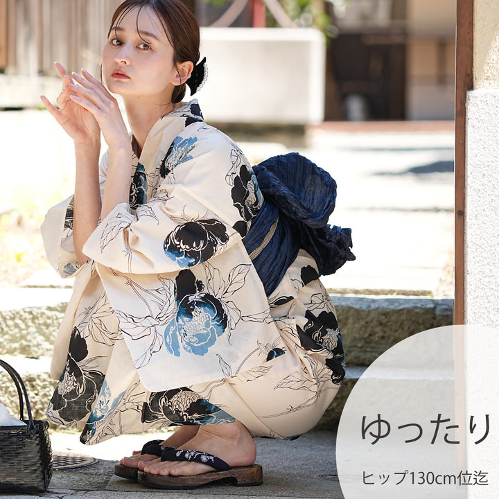 utatane 高級変わり織 浴衣3点セット（浴衣・帯・下駄）ベージュに涼風
