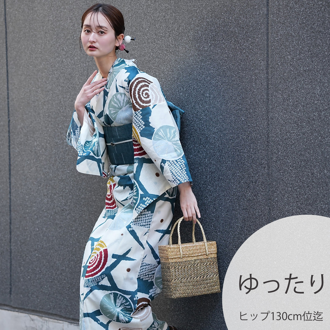 utatane 高級変わり織 浴衣3点セット（浴衣・帯・下駄）ターコイズ籠目