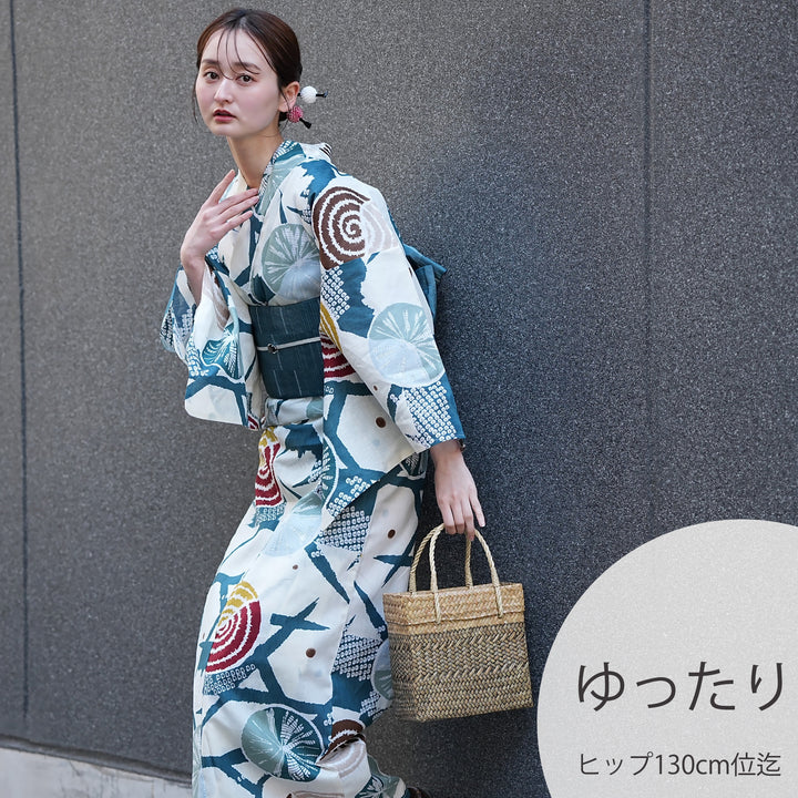 utatane 高級変わり織 浴衣3点セット（浴衣・帯・下駄）ターコイズ籠目