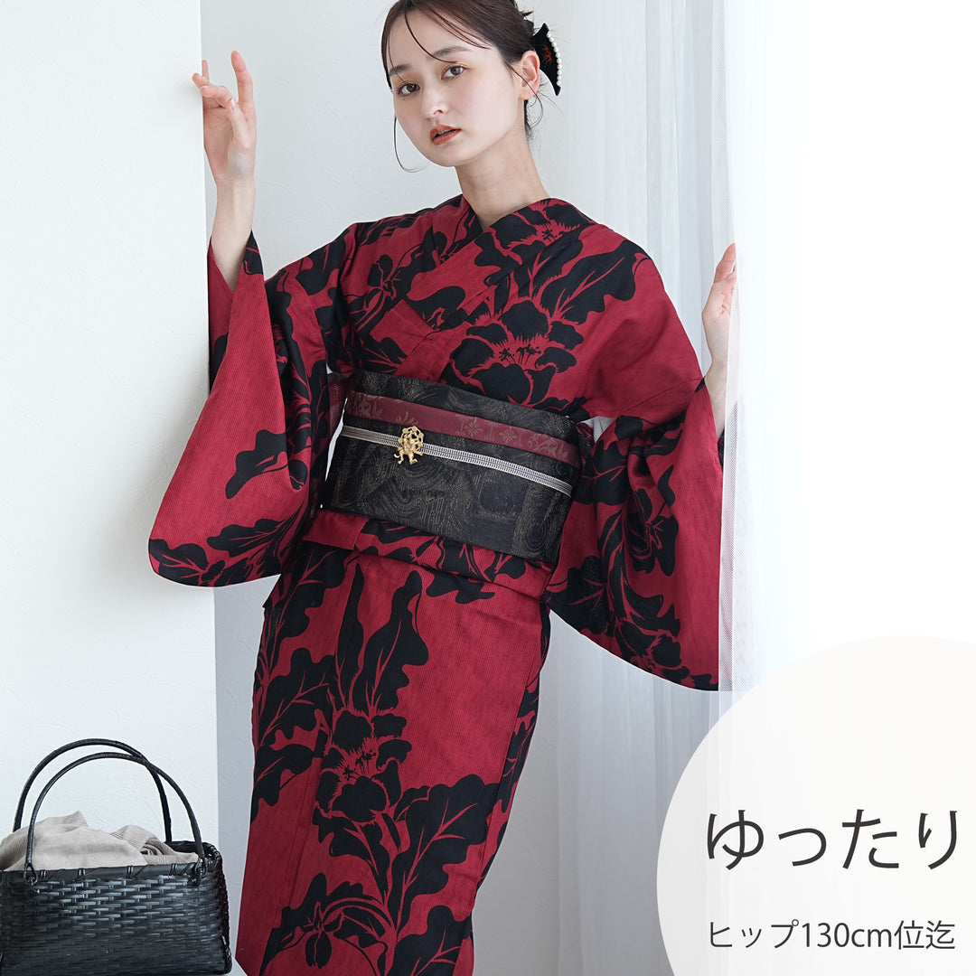 utatane 高級変わり織 浴衣3点セット（浴衣・帯・下駄）モダン赤に黒の