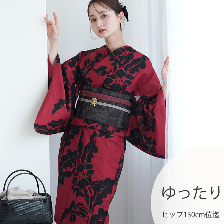 utatane 高級変わり織 浴衣3点セット（浴衣・帯・下駄）モダン赤に黒の