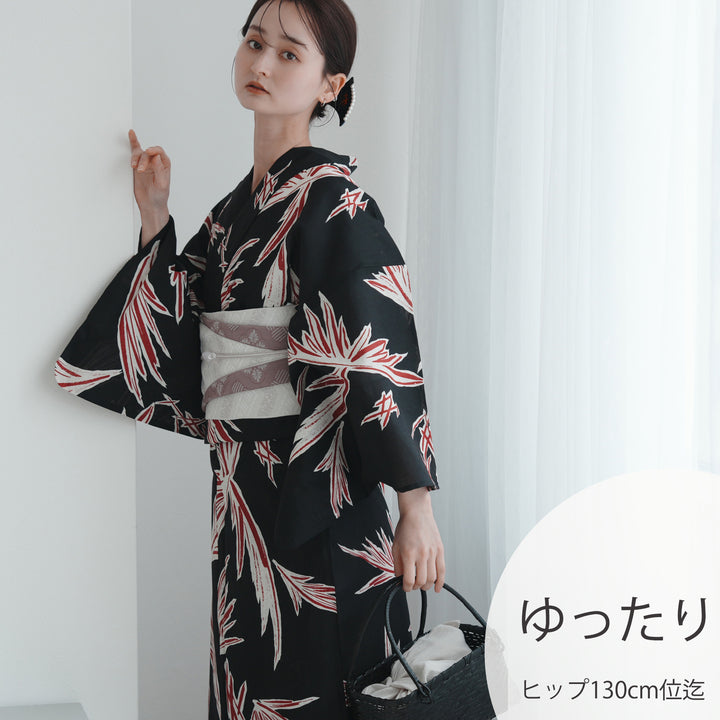 utatane 高級変わり織 浴衣3点セット（浴衣・帯・下駄）黒と赤のモダン