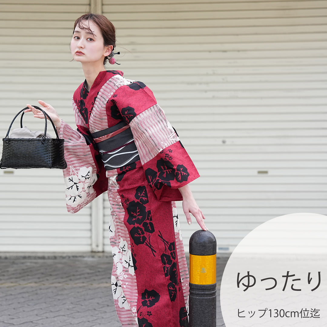 utatane 高級変わり織 浴衣3点セット（浴衣・帯・下駄）赤と黒の縞々