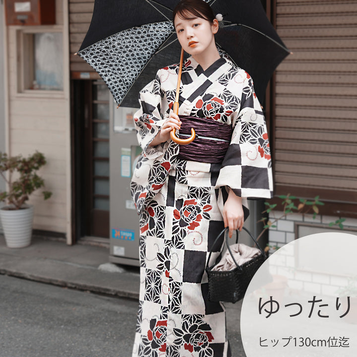 utatane 高級変わり織 浴衣3点セット（浴衣・帯・下駄）モノクロ麻の葉