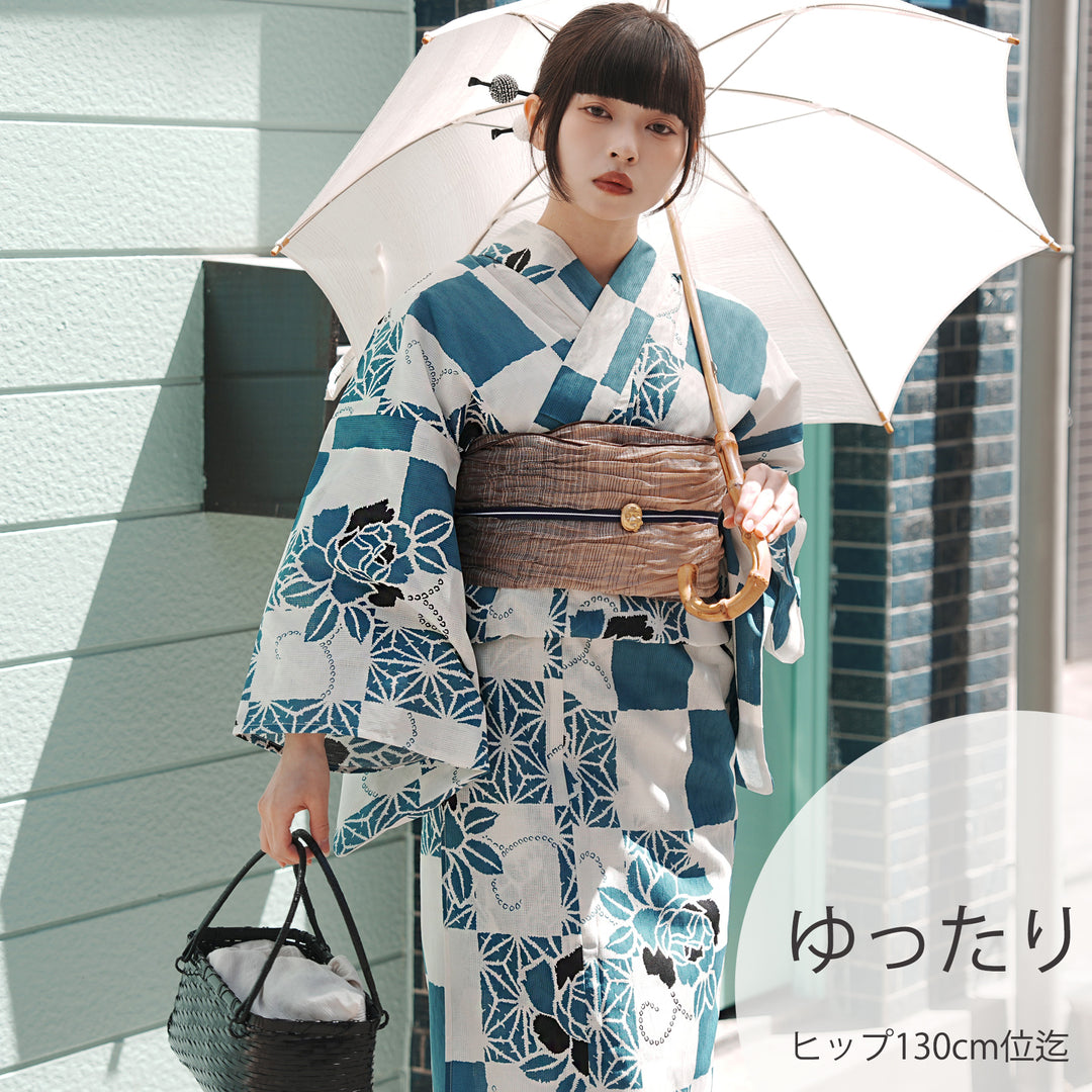 utatane 高級変わり織 浴衣3点セット（浴衣・帯・下駄）ミント麻の葉