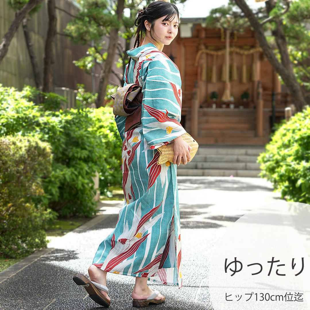 Nico antique 鯉柄 浴衣 Fサイズ ニコアンティーク 浴衣3点セット（浴衣・帯・下駄）ターコイズ疋田の