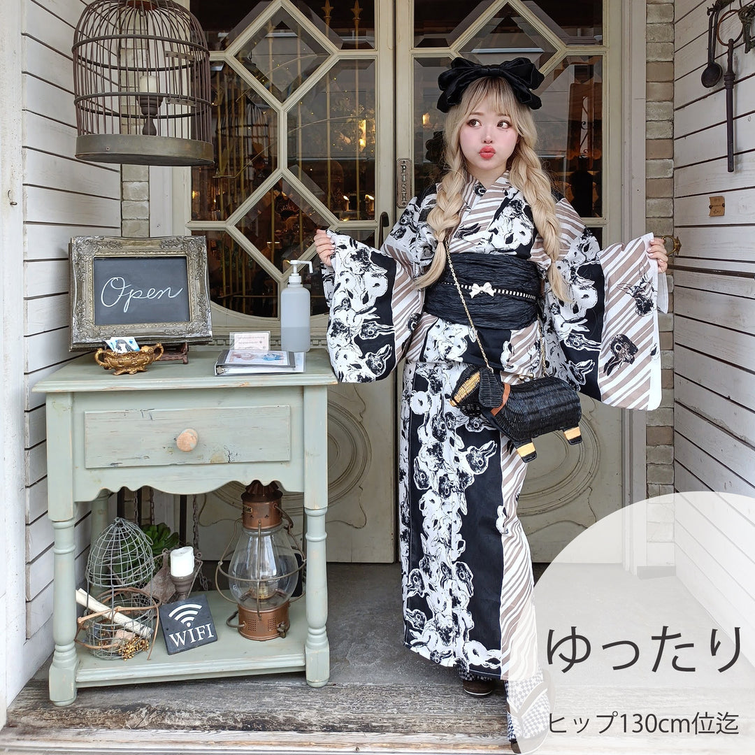 ニコアンティーク 浴衣3点セット（浴衣・帯・下駄）毒うさぎロリータ