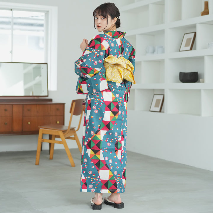 utatane 浴衣単品 【昭和モダンのみずいろ流水とモザイク】