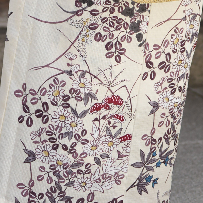 セパレート浴衣3点セット（浴衣上下・帯・下駄） ゆかた フリーサイズ（身長155-165cm）ベージュに薄紫の小さな萩と菊（5016046912）