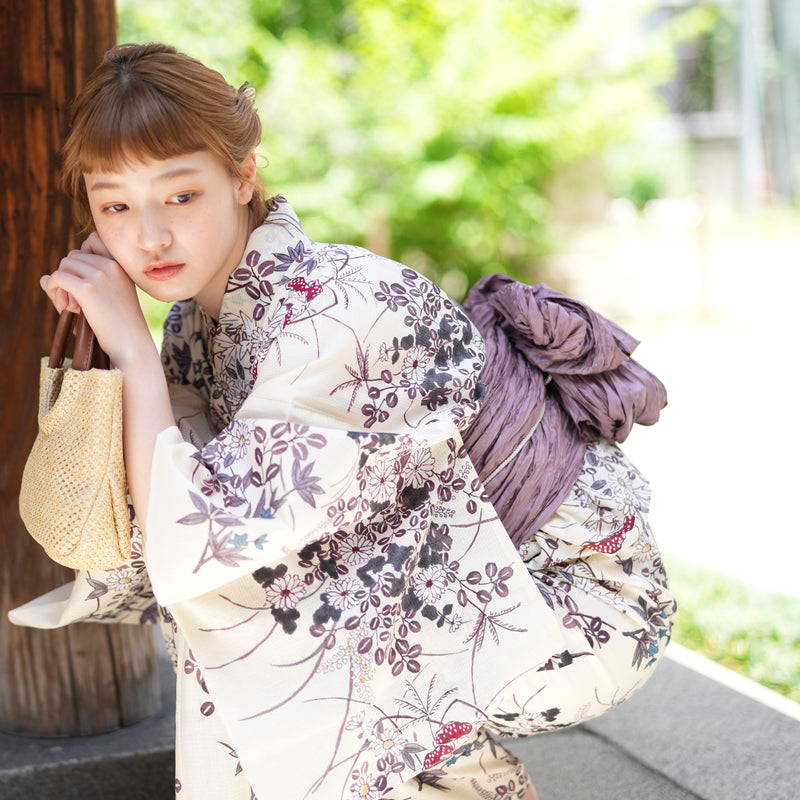 utatane高級変わり織り浴衣3点セットベージュに薄紫の小さな萩と菊