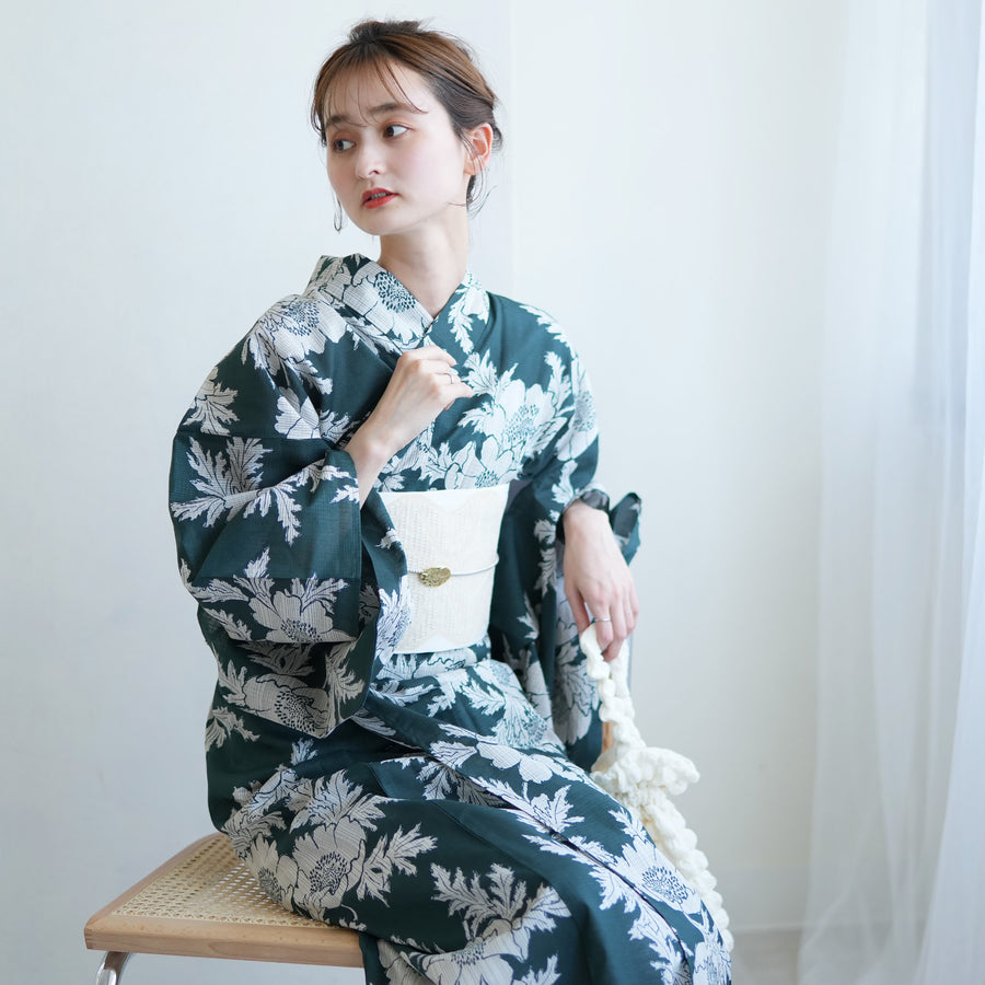 ✅新品【モノクロ麻の葉ミント花】utatane ニコアンティーク 浴衣単品 ✓新品【モノクロ麻の葉ミント花】utatane ニコアンティーク