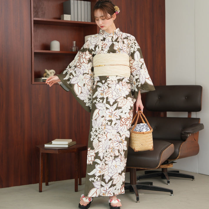 浴衣2点セット（浴衣/帯） utatane グリーンに敷き詰められた百合と芍薬 utatane セパレート高級変わり織 二部式浴衣3点セット ( ゆかた